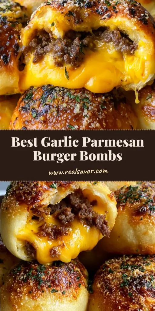 A pile of golden-brown Cheeseburger Bombs on a plate, one torn open to show melted yellow cheddar and seasoned beef.