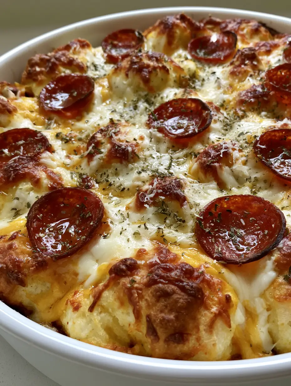 Top-down view of golden-brown biscuit dough and melted cheese with crispy pepperoni for Saturday night dinner ideas.