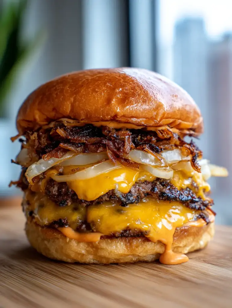 A stacked double Oklahoma Onion Smash Burger with gooey yellow American cheese and pale orange sauce on a brioche bun.