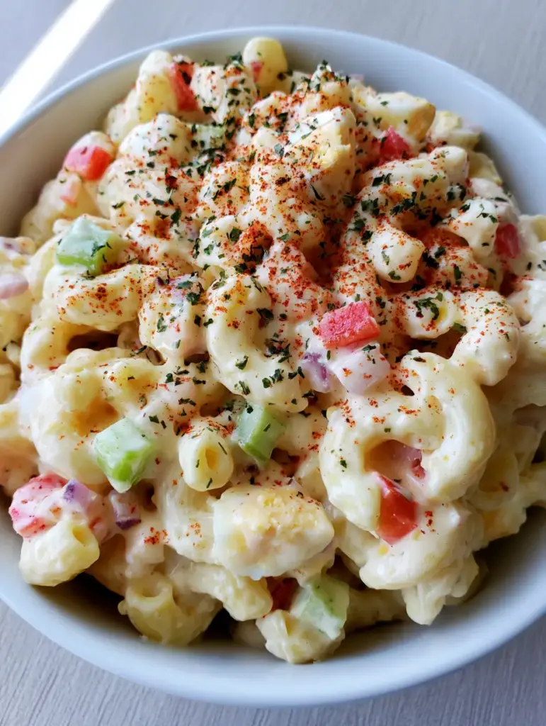 Top-down view of Southern Macaroni Salad with glossy mayonnaise dressing, paprika dusting, and parsley flakes. (Southern Macaroni Salad)