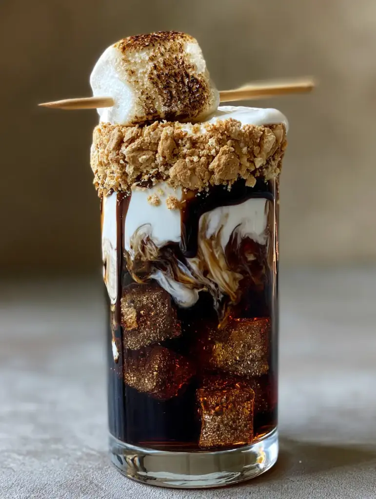 A wide shot of the Campfire Cola Dirty Soda showcasing the graham cracker rim and the charred marshmallow garnish on a wooden pick.