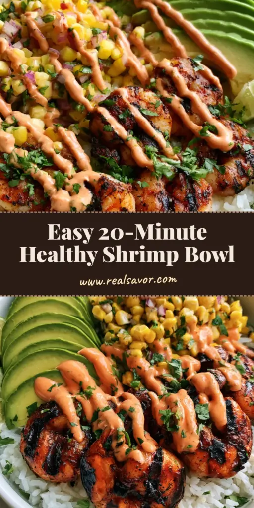 A top-down photo of a Healthy Grilled Shrimp Bowl featuring charred shrimp, corn salsa, avocado fans, and chipotle drizzle on a bed of white rice.