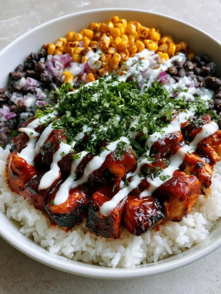 Side view of a BBQ chicken rice bowl on a light gray stone surface with natural light. (BBQ Chicken Rice Bowls)