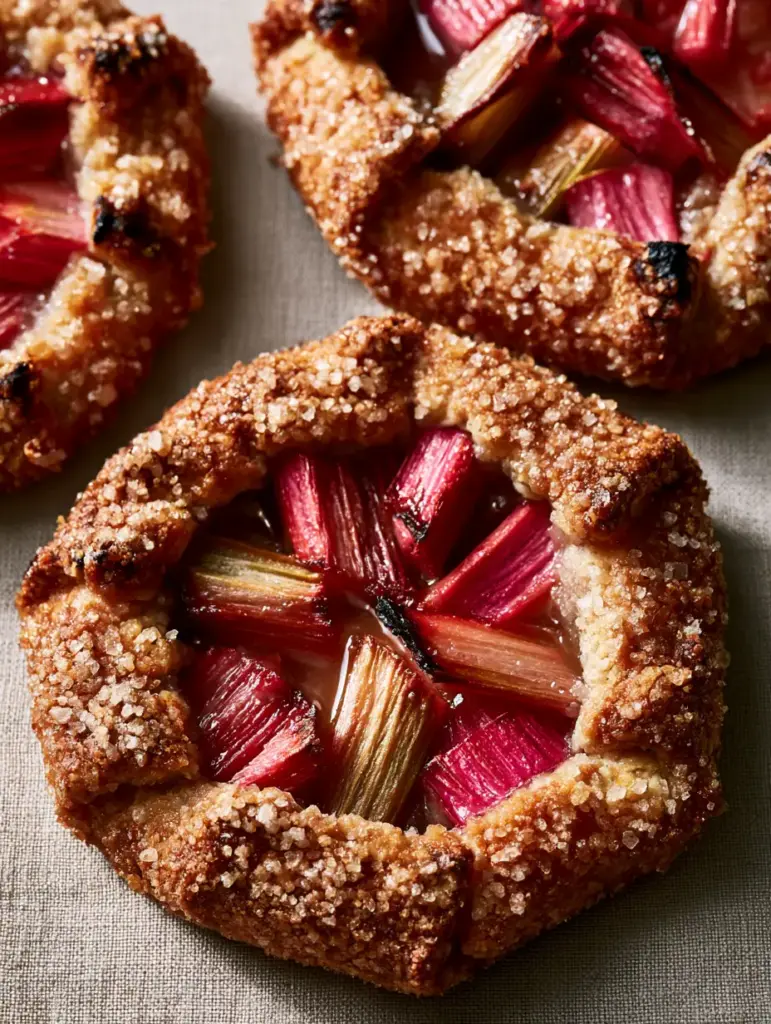 Handheld photo of mini Rhubarb Galettes on a neutral linen background.
