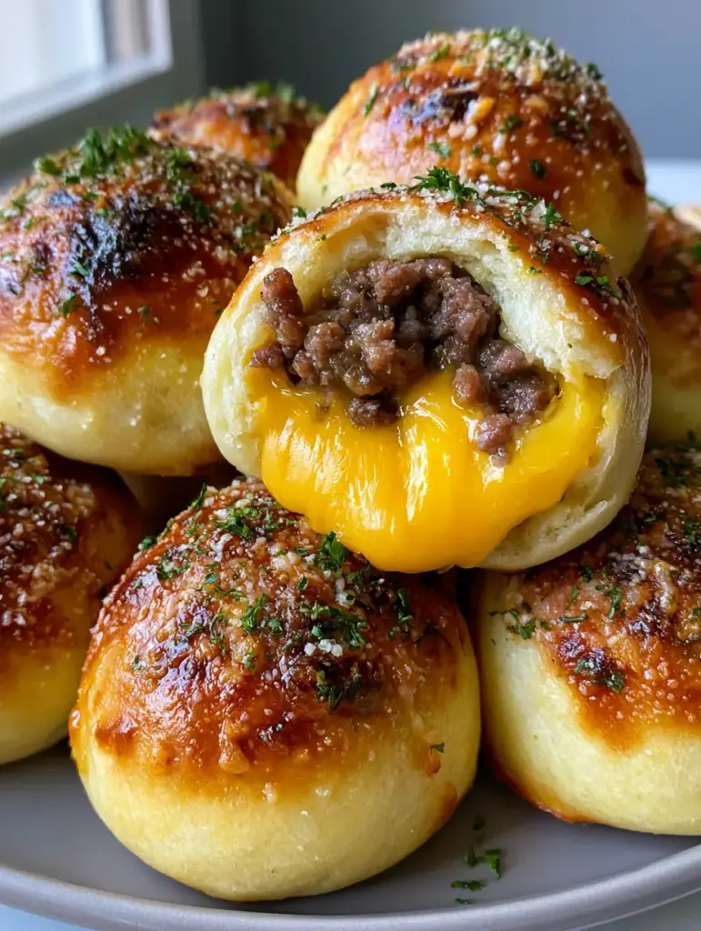 Close up photo of golden-brown garlic parmesan Cheeseburger Bombs with visible parsley flakes. (Cheeseburger Bombs)