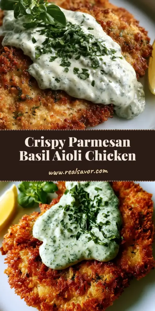 A close-up shot of Parmesan Crusted Chicken with Basil Aioli, featuring golden-brown cutlets topped with creamy green sauce and fresh basil.