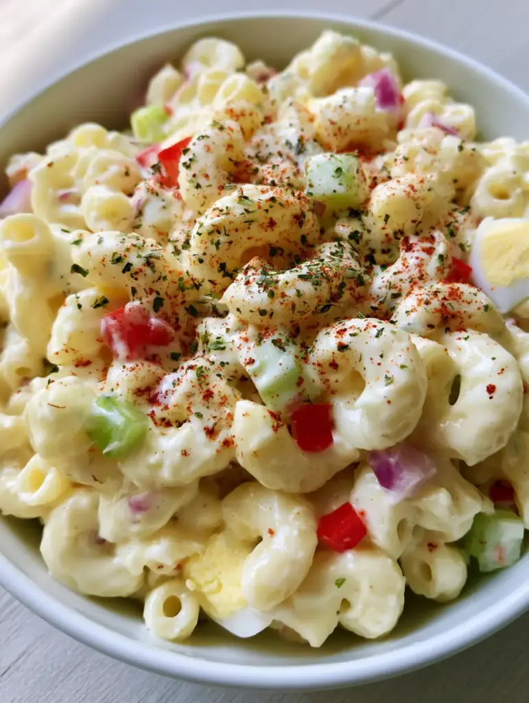 Close up of elbow pasta with diced celery, red bell peppers, and egg chunks in a Southern Macaroni Salad.