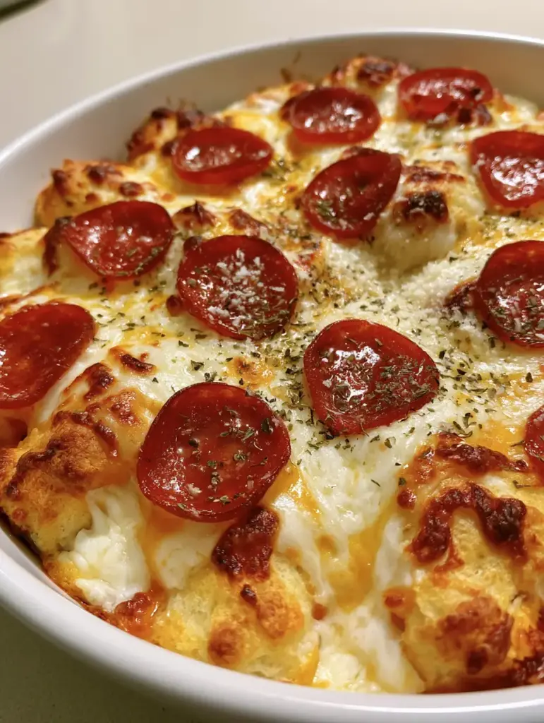 Detailed shot of crispy pepperoni and dried oregano on a pizza casserole.