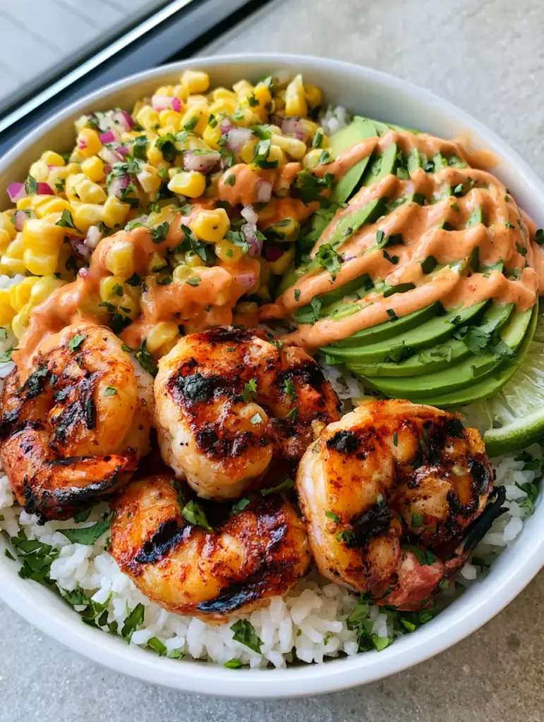 Overhead shot of a Healthy Grilled Shrimp Bowl showing distinct grill marks on jumbo shrimp and a zigzag of orange-pink sauce.