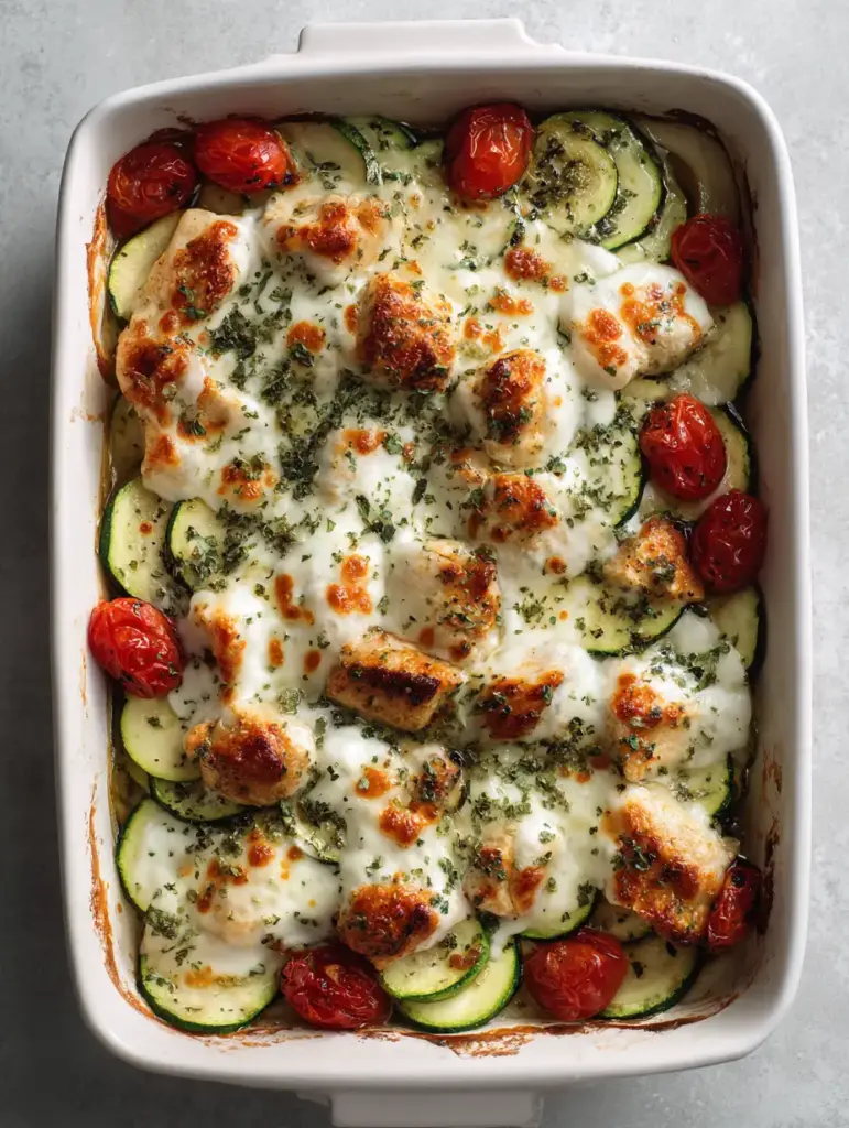 A bubbling layer of mozzarella cheese with toasted brown spots over chicken and zucchini. (Chicken Zucchini Bake)