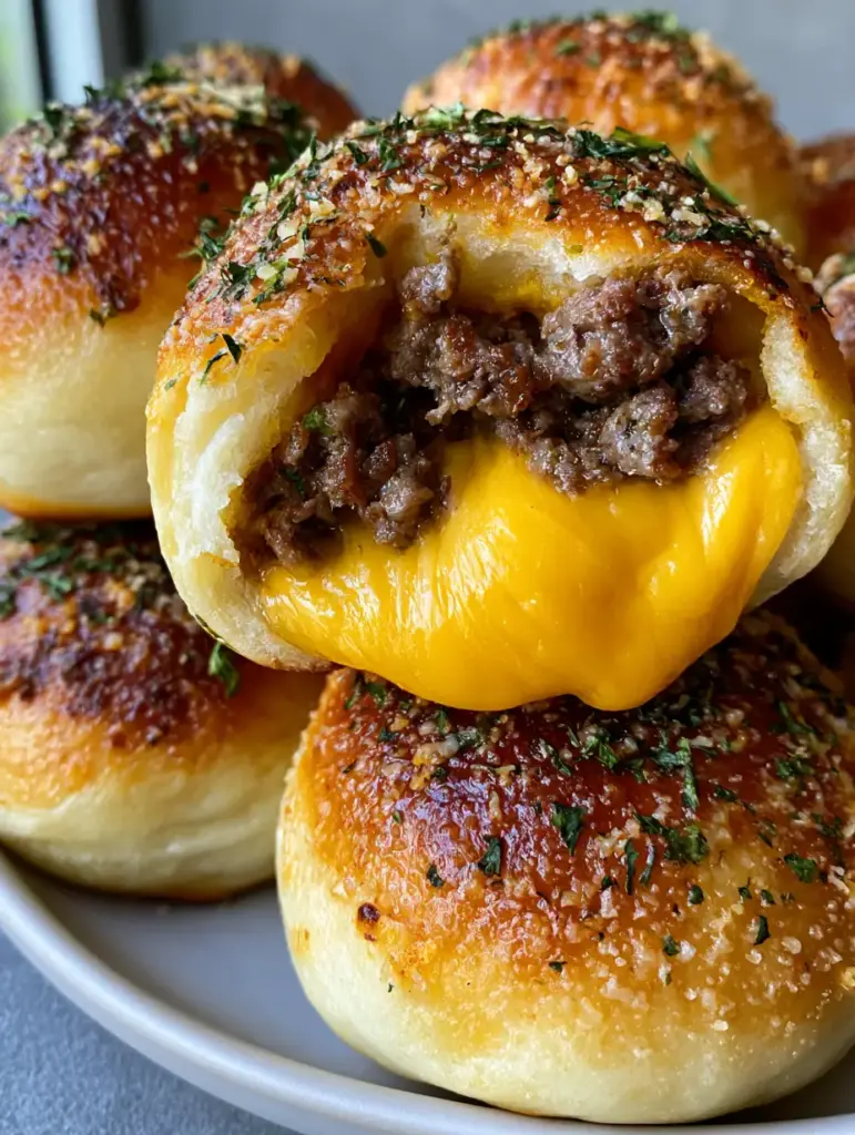 Cross section of a Cheeseburger Bomb revealing crumbled beef and melted cheddar cheese.