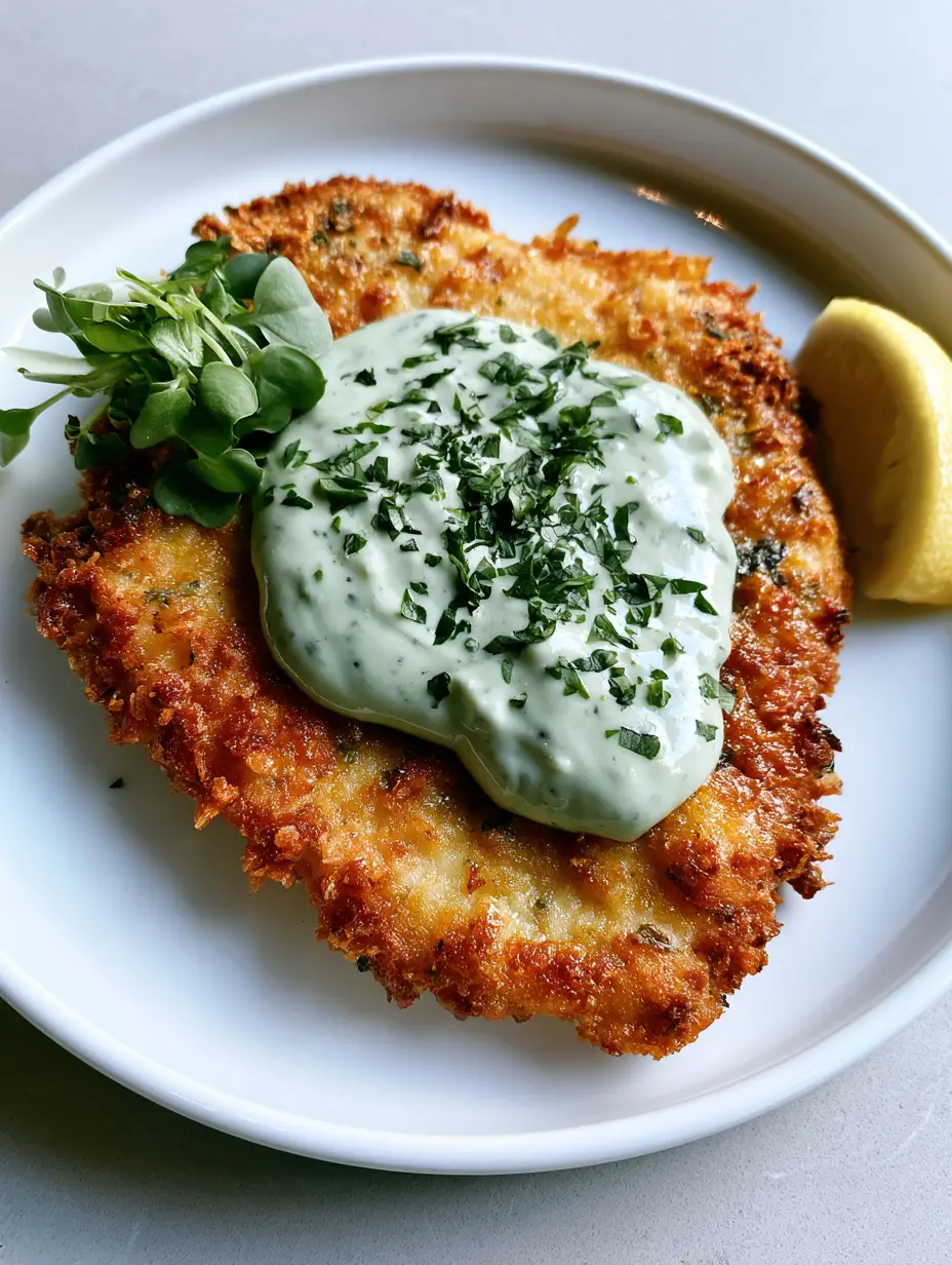 Handheld photo of golden-brown parmesan-crusted chicken cutlets on a white plate with thick pale-green basil aioli. (Parmesan Crusted Chicken with Basil Aioli)