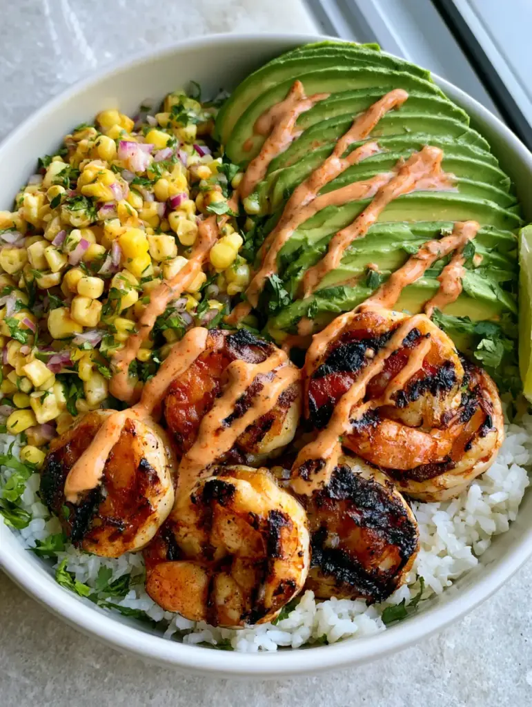 A completed Healthy Grilled Shrimp Bowl in a white ceramic bowl placed on a grey stone surface with natural light.