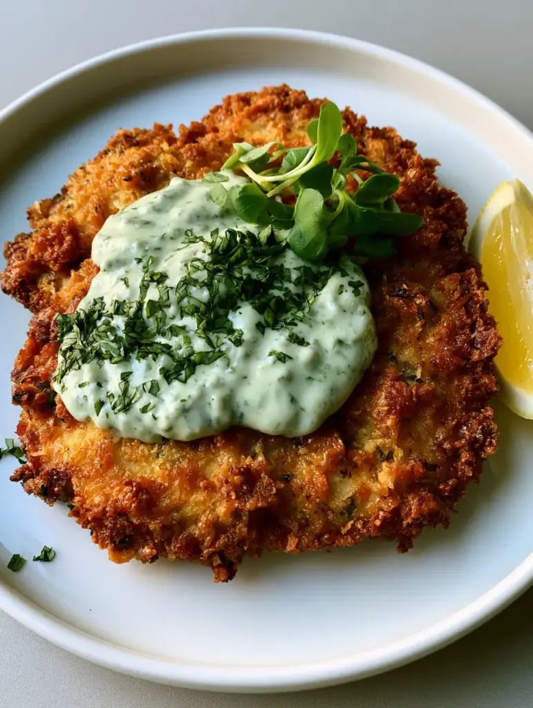 Top view of crispy breaded chicken cutlets drizzled with creamy basil aioli and garnished with micro-basil.