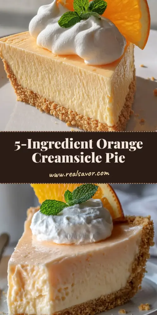 A close-up vertical shot of a slice of Orange Creamsicle Pie with a thick vanilla wafer crust and airy orange mousse on a white plate.