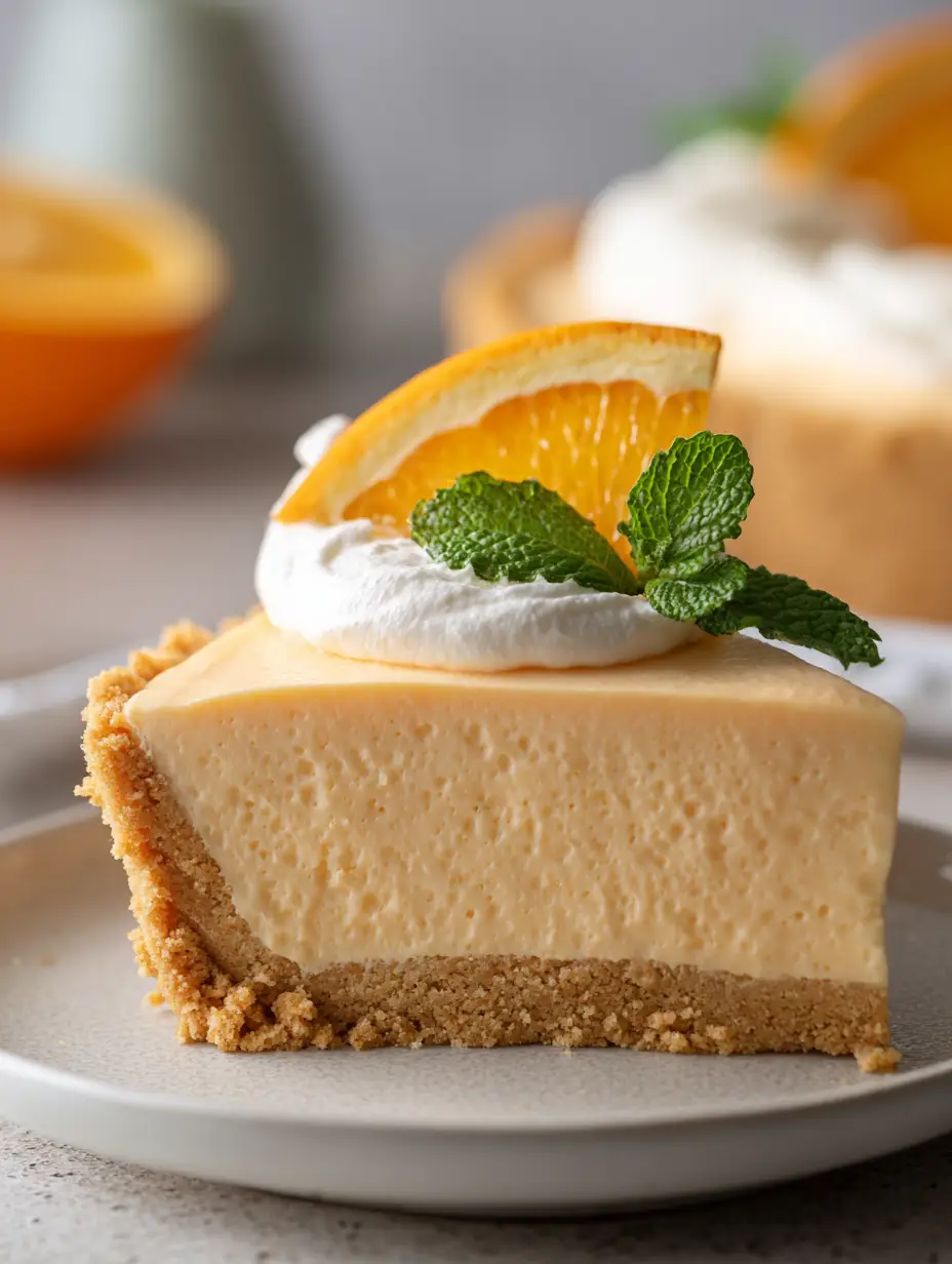 A slightly high-angle shot of a slice of Orange Creamsicle Pie showing the matte pastel orange filling and fresh orange garnish. (Orange Creamsicle Pie)
