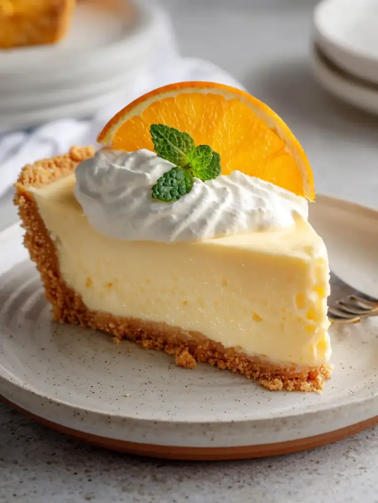 Detailed view of the golden-brown vanilla wafer crust and orange pulp on an Orange Creamsicle Pie slice.