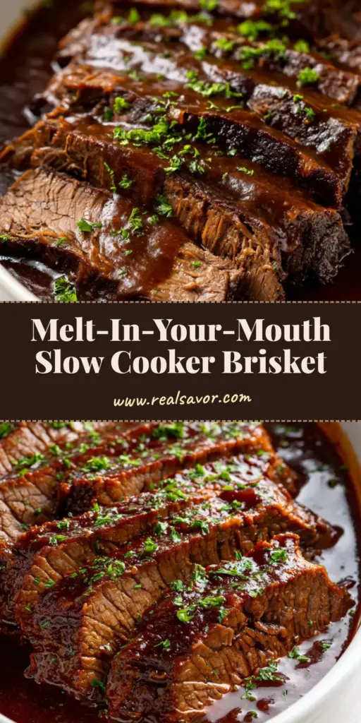 Thick slices of Slow Cooker Beef Brisket piled in a white bowl with glossy brown gravy and green parsley. (Slow Cooker Beef Brisket)