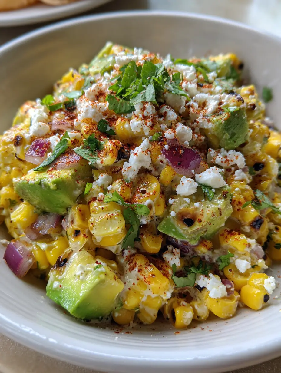 Close-up handheld photo of Mexican Street Corn Salad in a white bowl showing charred corn spots and large avocado chunks. (Mexican Street Corn Salad)