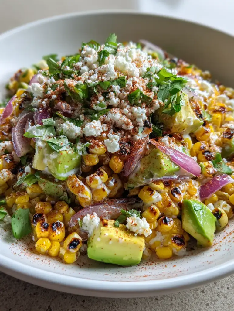 A vibrant view of Mexican Street Corn Salad featuring thick crumbles of white cotija cheese and a dusting of red chili powder. (Mexican Street Corn Salad)