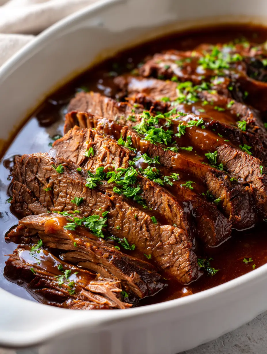 Close-up of succulent meat fibers in Slow Cooker Beef Brisket with velvety sauce. (Slow Cooker Beef Brisket)