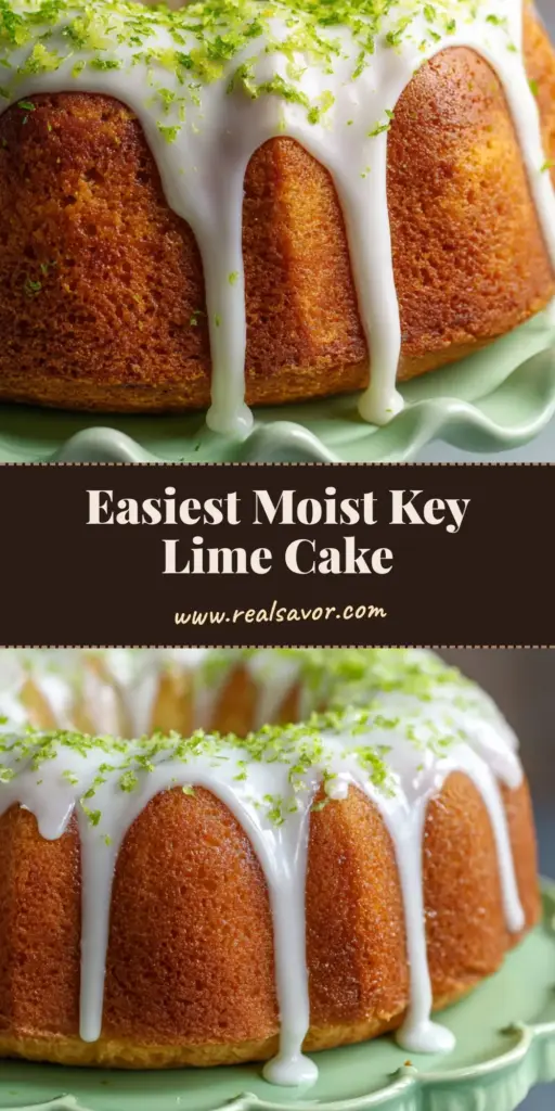 A close-up of a golden-brown Key Lime Bundt Cake with thick opaque white glaze and green zest on a sage green pedestal stand.