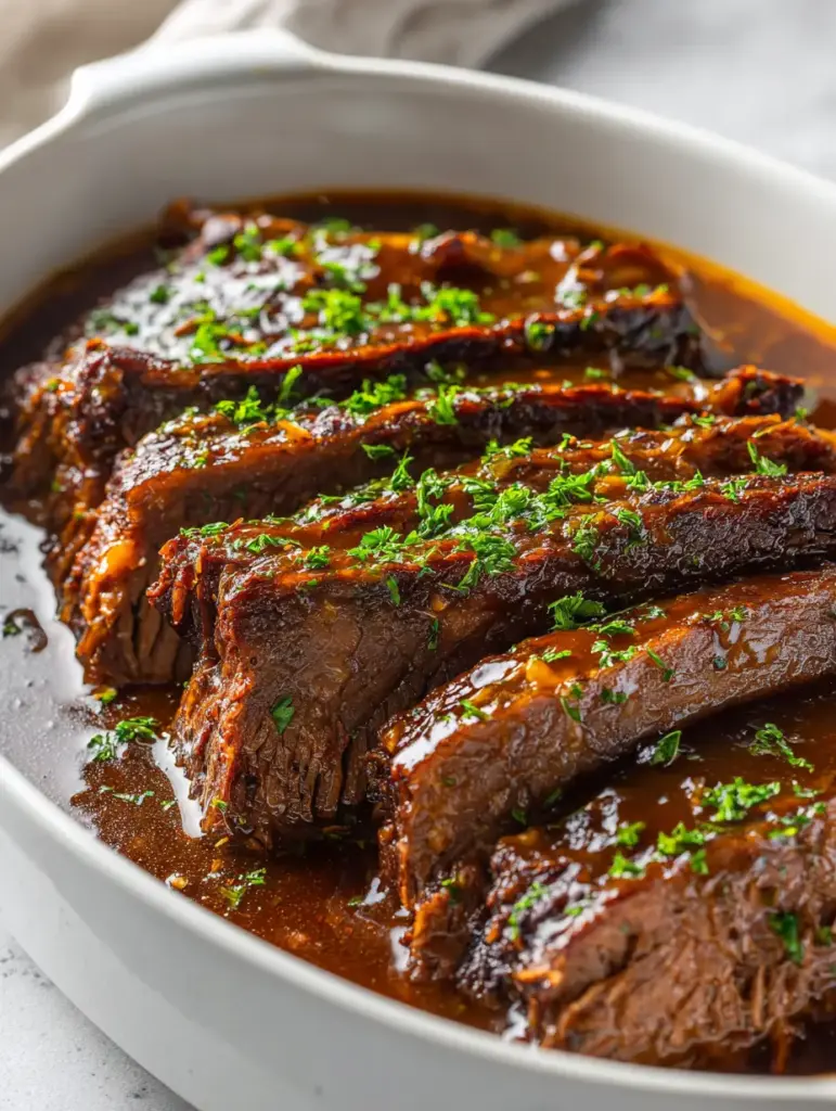Slices of beef brisket in a shallow pool of dark brown savory sauce with parsley.
