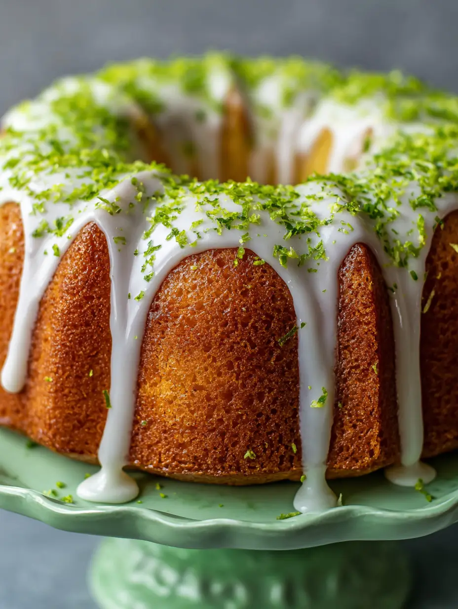 Overhead view of a moist Key Lime Bundt Cake with thick white lime glaze cascading down vertical grooves.