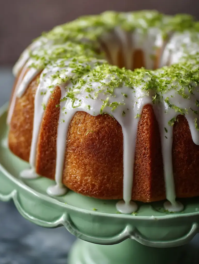 Handheld smartphone style photo of a Key Lime Bundt Cake resting on a green scalloped pedestal cake stand.