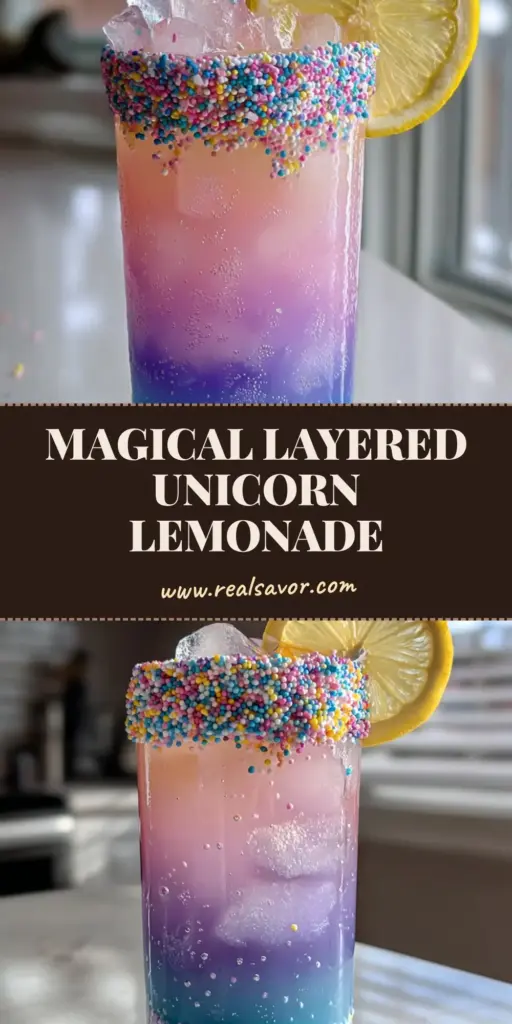 A vibrant three-layered Unicorn Lemonade in a tall glass with blue, purple, and pink layers and a sugar sprinkle rim.