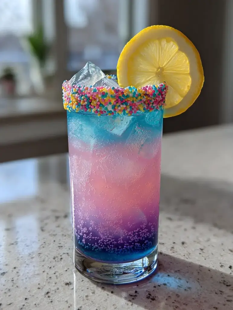 Close up of Unicorn Lemonade showing neon purple and pastel pink layers with crushed ice. (Unicorn Lemonade)