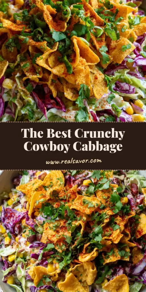 A top-down view of a rustic white bowl filled with Frito Cowboy Cabbage, featuring purple cabbage, charred corn, and golden curly Fritos with a dusting of cilantro and chili powder.