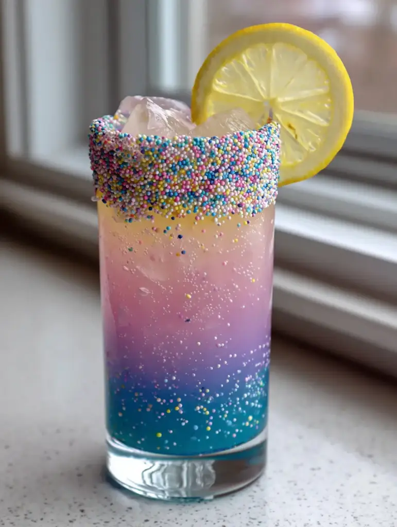 Handheld photo of a Unicorn Lemonade glass featuring a thick sugar sprinkle rim and a fresh lemon slice garnish.