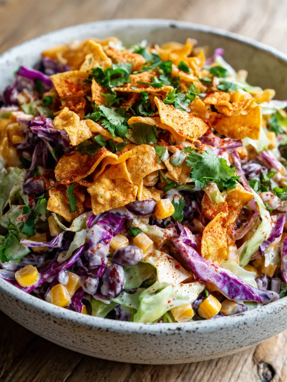 Close-up of Frito Cowboy Cabbage showing the vibrant green and purple cabbage textures and thick white dressing. (Frito Cowboy Cabbage)