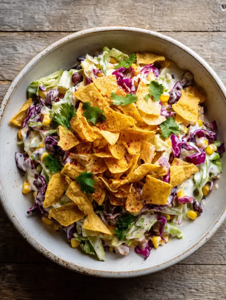 Top-down view of the completed Frito Cowboy Cabbage salad garnished with heavy cilantro and chili powder in a rustic bowl.