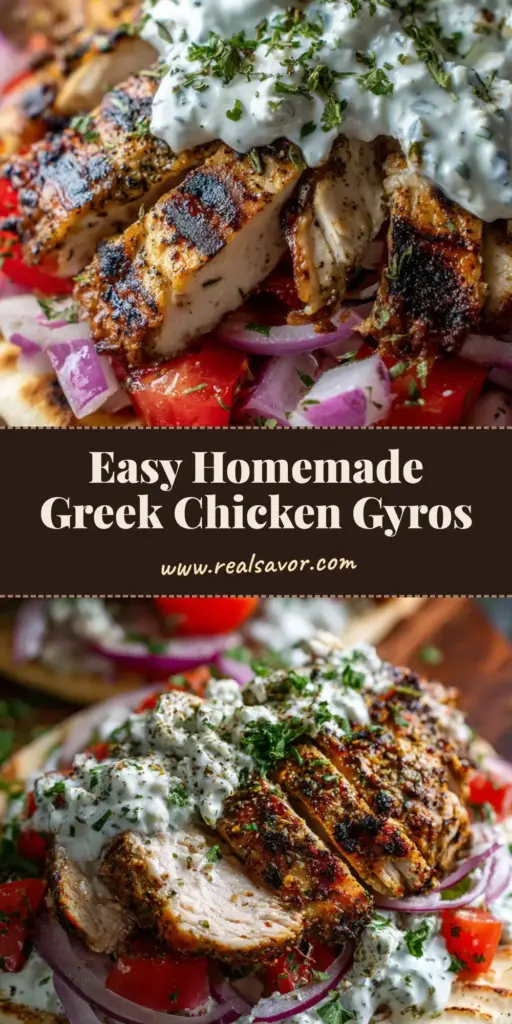 A close-up shot of Greek Chicken Gyros on charred pita bread with seared chicken, chunky tzatziki, and fresh vegetables on a wooden board.
