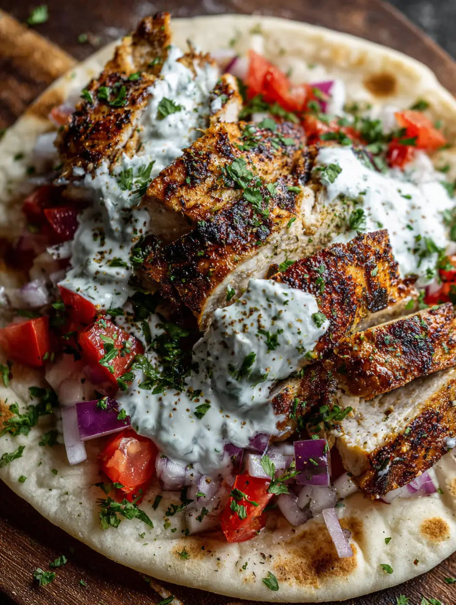 Top-down view of Greek Chicken Gyros showing seared chicken breast with grill marks and thick white tzatziki sauce.