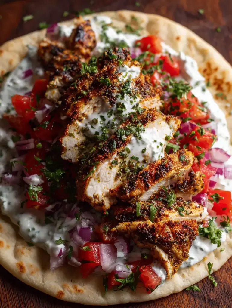 Close-up of the chunky tzatziki and diced tomatoes on a soft charred pita for the Greek Chicken Gyros.
