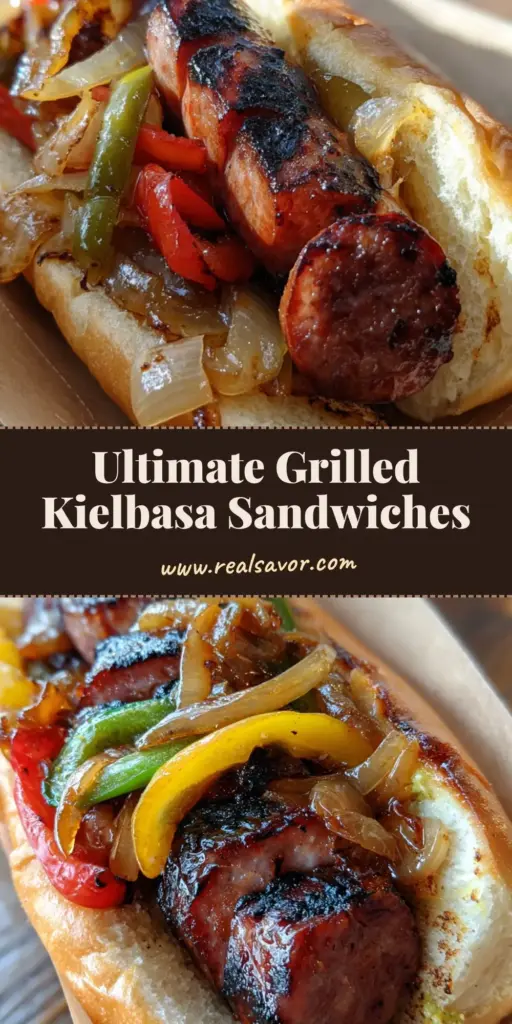Close-up of a Grilled Kielbasa Sandwich in a paper wrapper, featuring charred sausage, caramelized onions, and blistered peppers on a brioche bun.