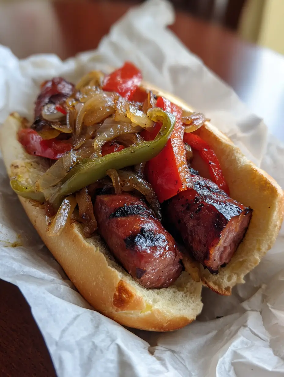Smartphone photo of Grilled Kielbasa Sandwiches showing thick diagonal slices of sausage with dark grill marks and golden onions.