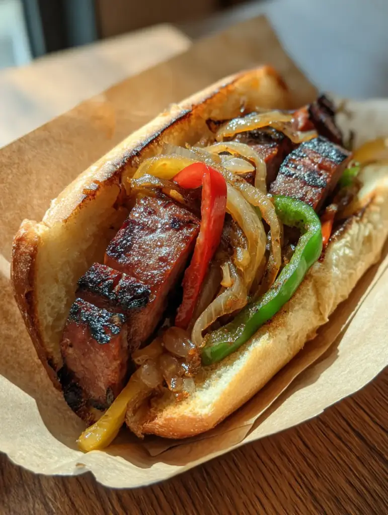A handheld Grilled Kielbasa Sandwich held over a wooden table, highlighting the blistered red and green peppers.