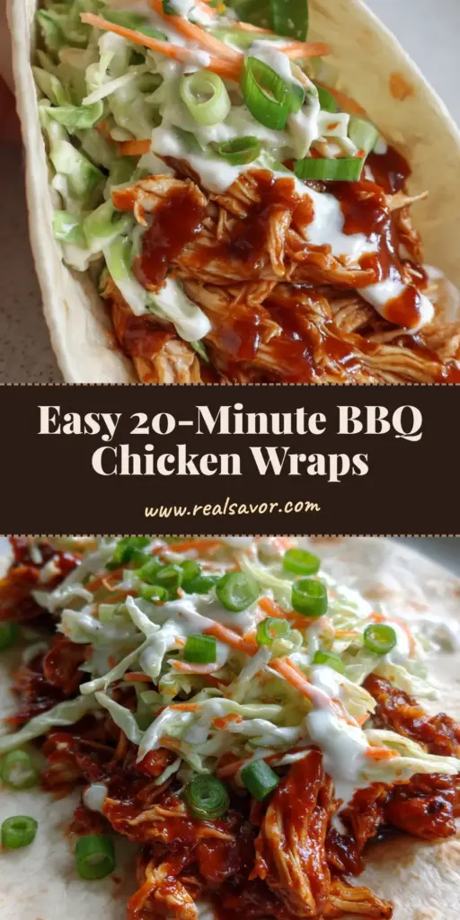 A close-up vertical shot of BBQ Chicken Coleslaw Wraps showing the thick mahogany sauce and creamy white slaw, perfect for Pinterest.