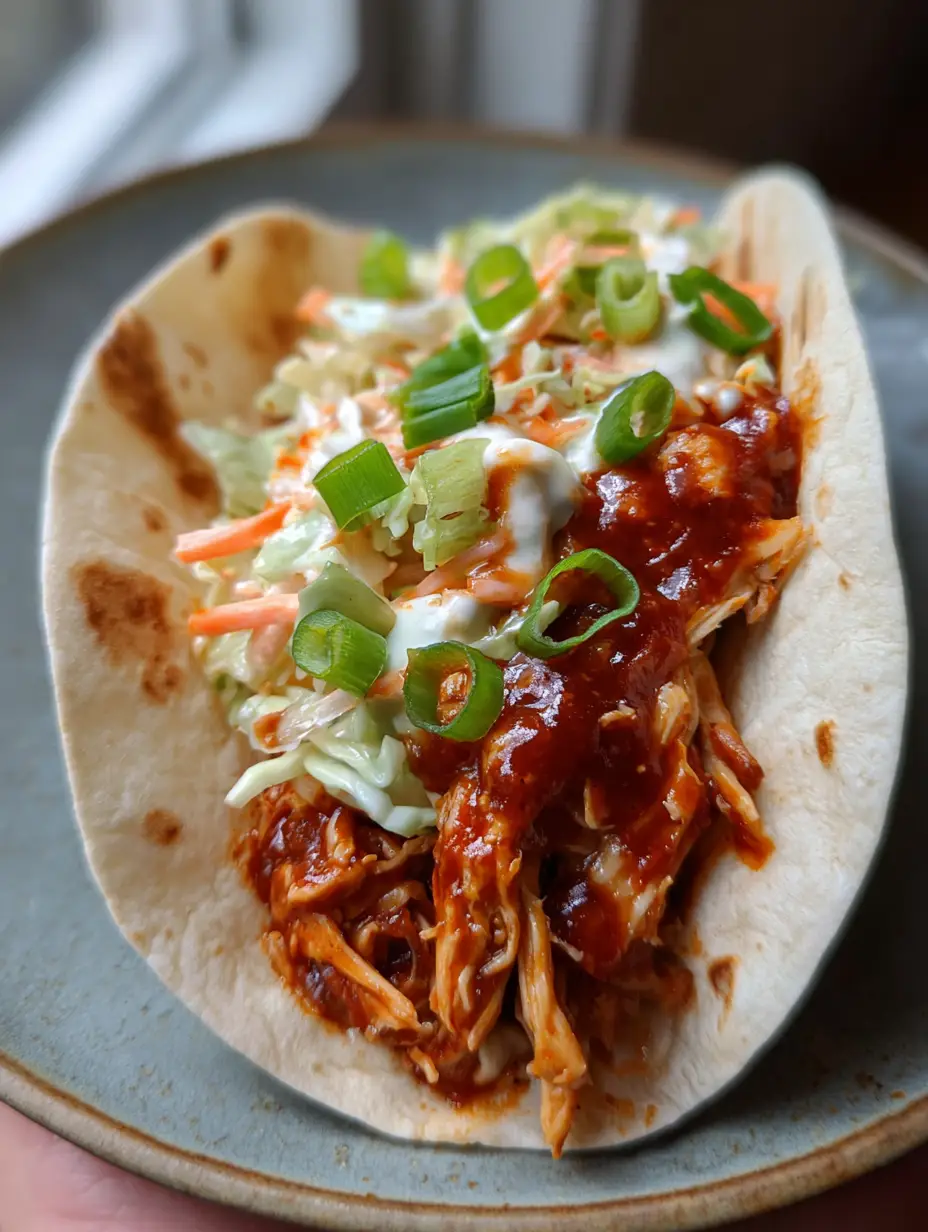 A handheld smartphone photo of a fresh BBQ Chicken Coleslaw Wrap with shredded chicken coated in dark BBQ sauce and creamy coleslaw in a translucent tortilla.