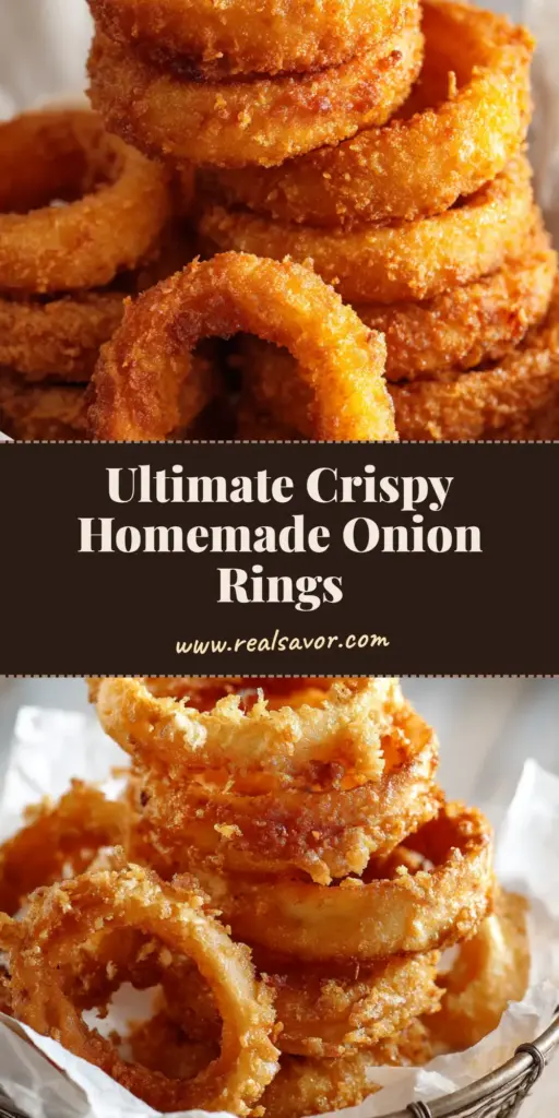 A towering stack of Homemade Onion Rings in a wire basket with craggy golden-brown batter.