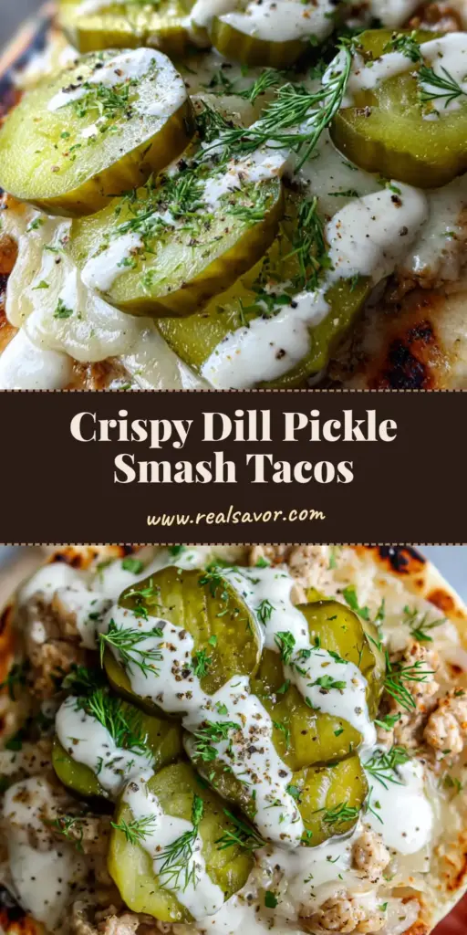 A handheld Dill Pickle Ranch Smash Chicken Taco featuring a charred flour tortilla, crispy seared ground chicken, melted Monterey Jack cheese, and crinkle-cut pickles with a ranch drizzle.