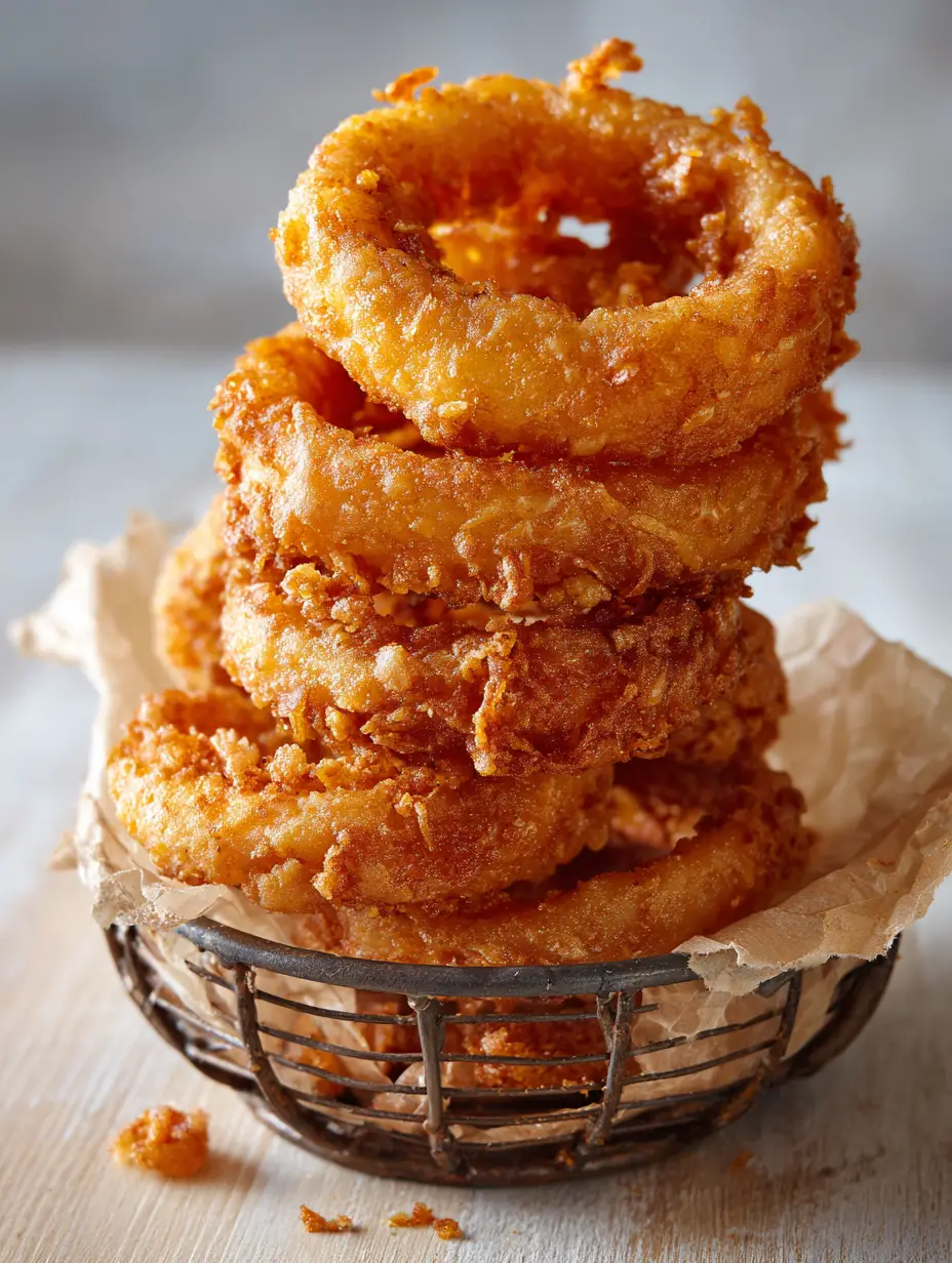 Close up of Homemade Onion Rings showing visible air bubbles and a craggy, crunchy exterior.