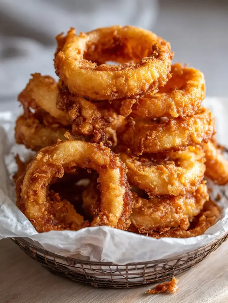Rustic wire basket filled with thick-cut Homemade Onion Rings on greaseproof parchment paper.
