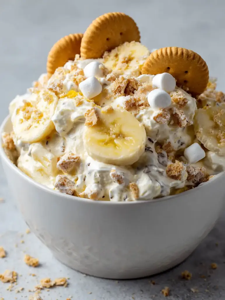 Close-up of Banana Pudding Fluff Salad showing the light pastel yellow pudding, white mini marshmallows, and banana slices with visible seeds.