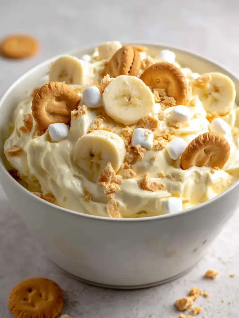 A high-angle photo of Banana Pudding Fluff Salad in a white bowl on a neutral kitchen counter, garnished with whole vanilla wafers.
