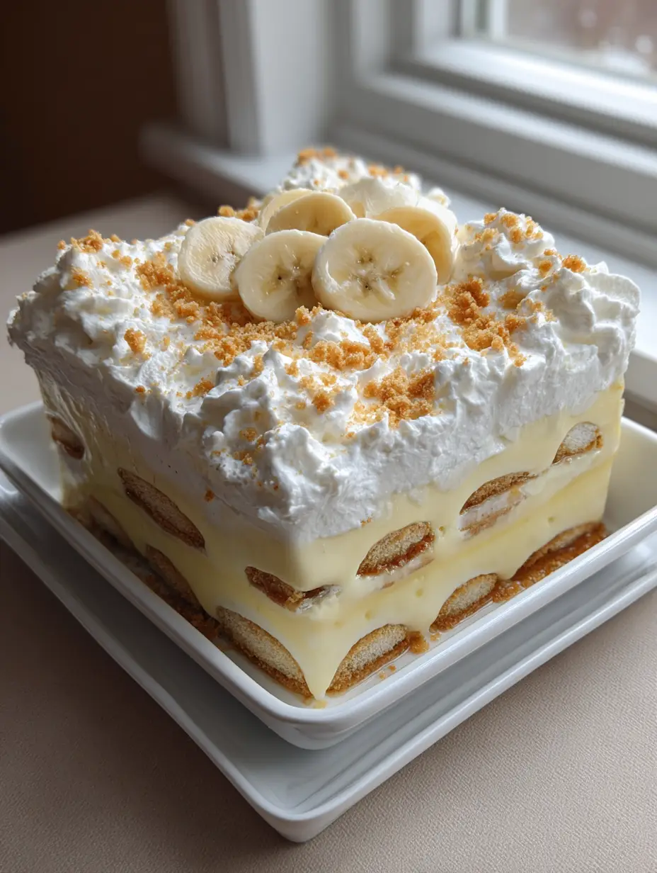 A square white ceramic dish filled with No-Bake Banana Pudding showing layers of pale yellow custard and golden vanilla wafers.